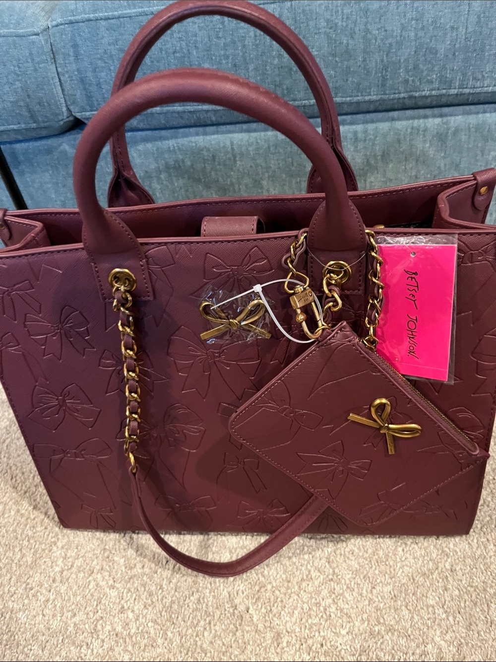 Betsey Johnson Maroon Embossed Bow Tote and Pouch with Gold Accents